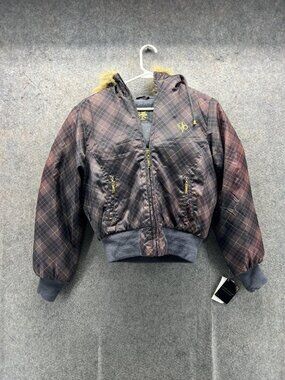 Vintage South Pole Jacket Womens Medium Gray Plaid Hooded Bomber Puffer Fur Trim